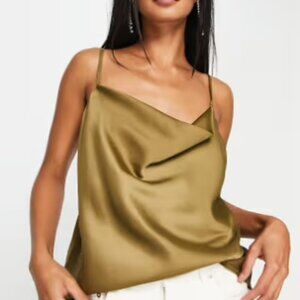 River Island Satin Cowl Neck Cami in Khaki